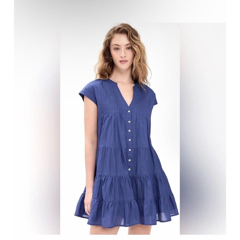 Marea Mackenzie Blue Cotton Pintuck Tiered Button Front Babydoll Dress Small